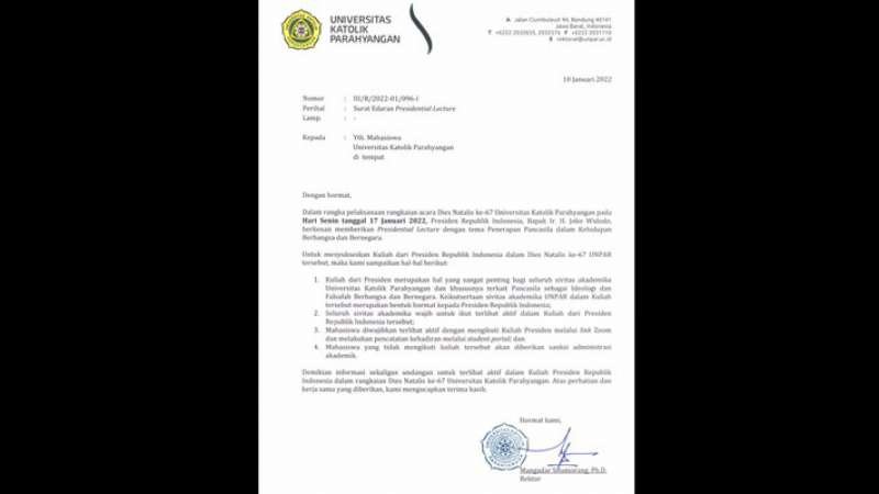 Viral. Beredar Surat Edaran Mahasiswa Unpar Wajib Ikuti Kuliah Umum dari Jokowi. Tidak Hadir Bakal Disanksi