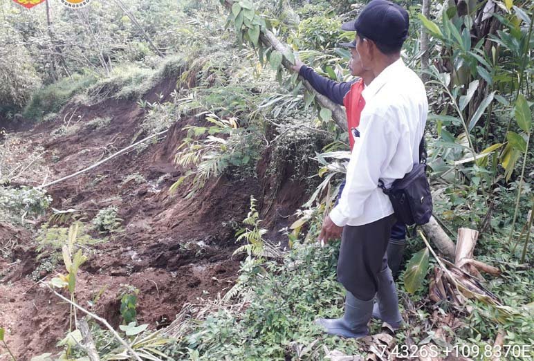 TANAH. Pergerakan tanah terjadi di Dusun Karangtengah Desa Sawangan Kecamatan Leksono dipantau tim BPBD Wonosobo.