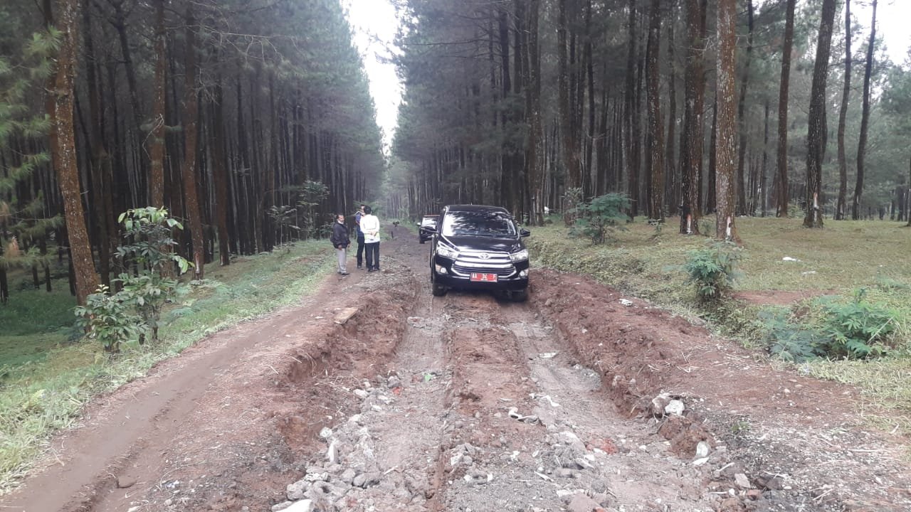 TINJAU. Kepala DPUPR Wonosobo Nurudin Ardiyanto bersama tim DPUPR meninjau titik kerusakan jalan di sekitar Dusun Brongkol Desa Pulosaren Kecamatan Kepil.