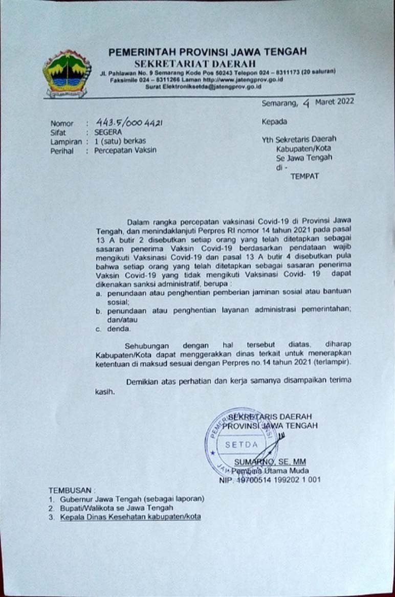 SE. Surat Edaran yang ditandatangani Skeda Provinsi Jawa Tengah tentang syarat administratif calon penerima bansos.(foto : dok/magelang ekspres)